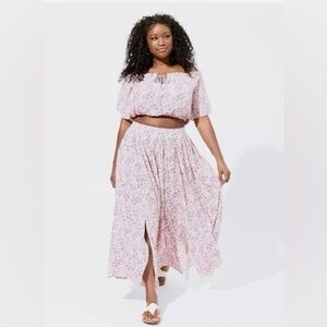 Maxi Gauze Off Shoulder Split Skirt Two Piece Set Pink Floral